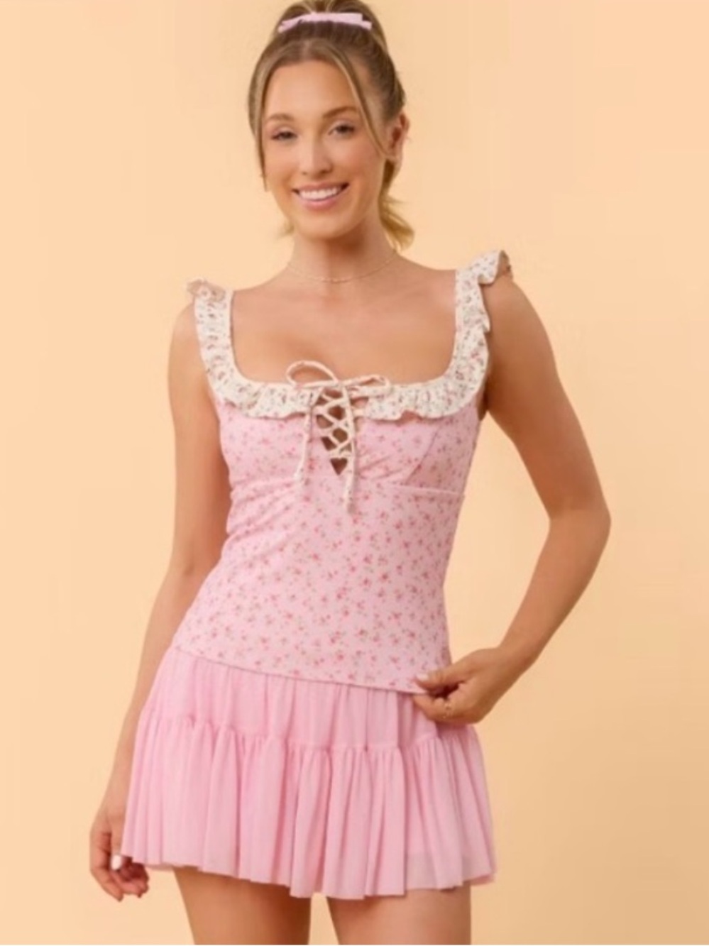 Blogilates Ruffle Lace Up Floral Tank Top / Size: Medium / Pink / Summer